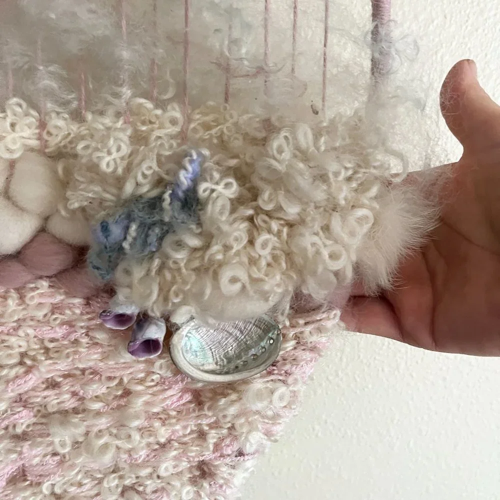 Wool Hand Spun Fiber Mixed Media Wall Hanging Mohair Dream Catcher‎ Boho Cottage